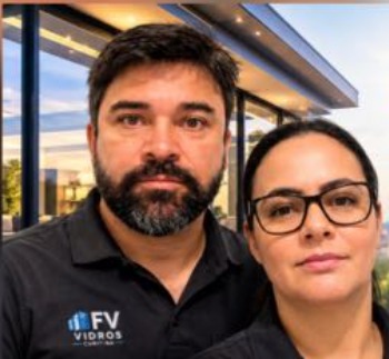 Casal à frente da Vidros FV, equipe de atendimento e instalação em Curitiba